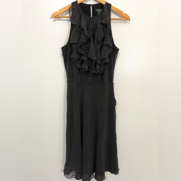 Lauren Ralph Lauren Black White Silk Polka Dot Ruffle Cruise Party Dress 10 - Picture 1 of 8